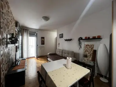 a living room with a table and a couch at Family Rakic Apartment in Belgrade