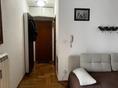 a living room with a couch and a door at Family Rakic Apartment in Belgrade