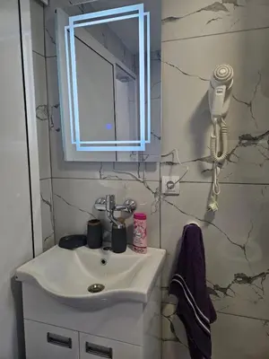 a bathroom with a sink and a mirror and a phone at MM apartman in Mladenovac