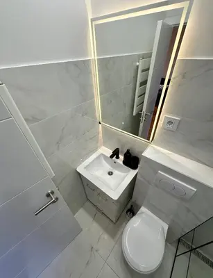 a bathroom with a toilet and a sink and a mirror at Apartment 5A - Experience true Belgrade! in Belgrade