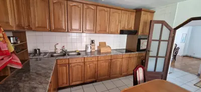 a kitchen with wooden cabinets and a sink at Beautiful large villa Vrčin in Vrčin