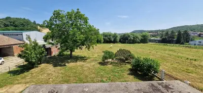 an aerial view of a field with a tree at Beautiful large villa Vrčin in Vrčin