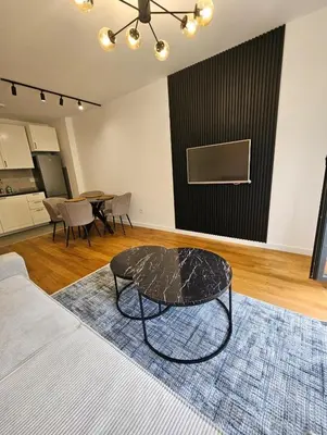 a living room with a table on a rug at Luxury new apartment in Belgrade in Belgrade
