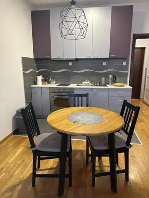 a kitchen with a wooden table and chairs in a kitchen at Studio Charlie Aviv Park in Mirijevo