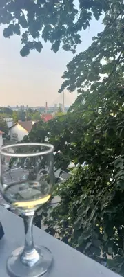 a wine glass sitting on top of a table at Apartment ADA RB Belgrade in Čukarica