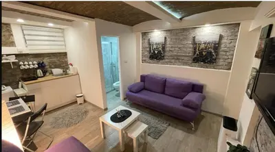a living room with a purple couch and a table at Uno in Belgrade