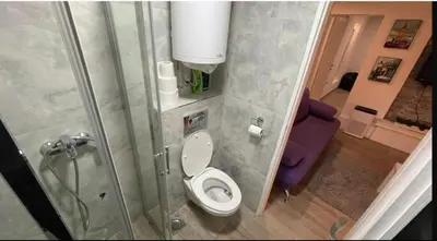 a small bathroom with a toilet and a shower at Uno in Belgrade