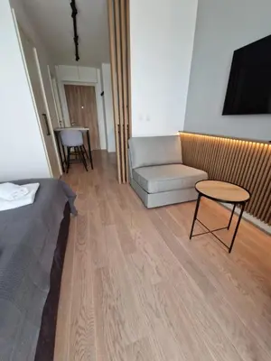 a living room with a couch and a table at Aqua Royal BW studio in Sajmište