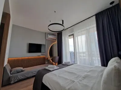 a bedroom with a large bed and a window at Aqua Royal BW studio in Sajmište