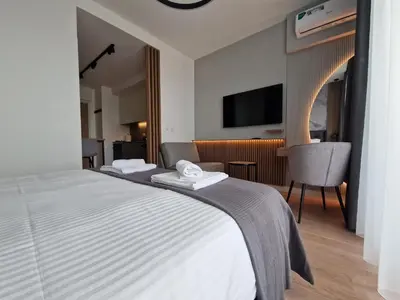 a hotel room with a bed and a chair at Aqua Royal BW studio in Sajmište