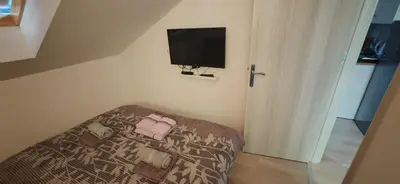 a bedroom with a bed and a television on the wall at Due in Belgrade