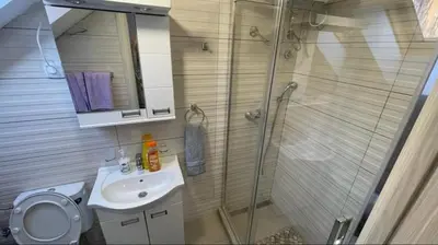 a bathroom with a shower and a sink and a toilet at Due in Belgrade
