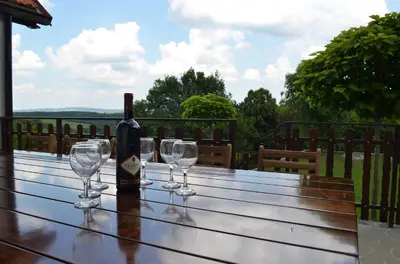 a bottle of wine sitting on a table with wine glasses at LipaHill SPA in Ripanj