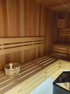 a sauna with a bowl in the middle at Unique Premium Penthouse with Spa and Gym in Dedinje in Belgrade