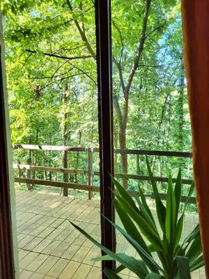 a window with a view of a wooden deck at Šumski raj Lipovica in Lipovica