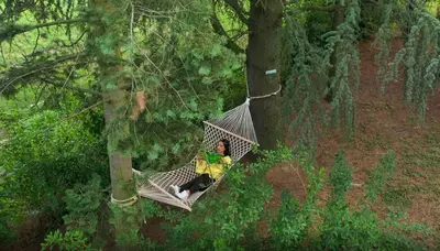 a man sitting in a hammock in a tree at Čajnički katun-čardak in Grabovac