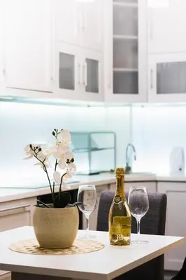 a table with two glasses and a bottle of wine at Angelina city LUX apartment with garage in Belgrade