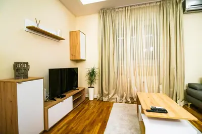 a living room with a television and a couch at Angelina city LUX apartment with garage in Belgrade