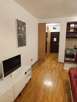 a living room with a television and a hard wood floor at Kala in Belgrade