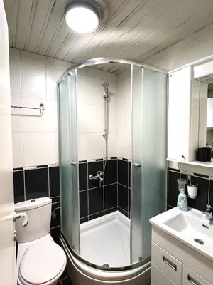 a bathroom with a shower and a toilet and a sink at Maison d'Elite in Belgrade