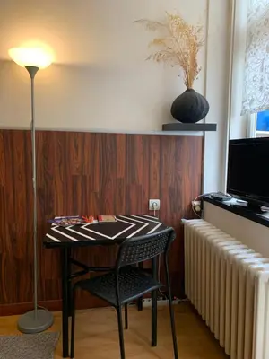 a table with a chair and a lamp in a room at Apartment Little Oasis TASH in Belgrade