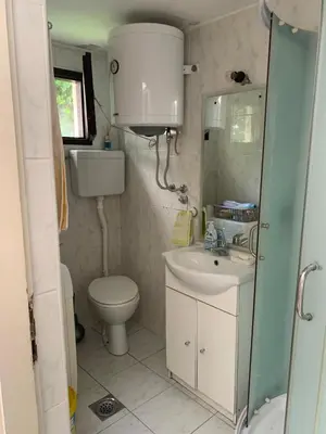 a small bathroom with a toilet and a sink at Apartment Little Oasis TASH in Belgrade