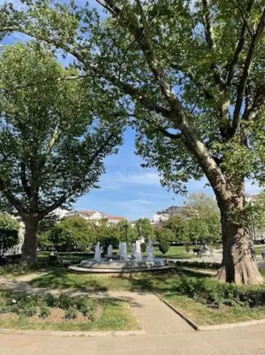 a park with trees and a fountain in the park at Lela's Place Vojvode Brane in Belgrade