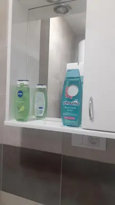 two bottles of detergent sitting on a shelf in a kitchen at Udobna Soba Sa Prelepim Pogledom #4 in Mladenovac