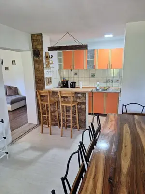 a kitchen with a wooden table and some chairs at Kuća za odmor Sara in Čortanovci