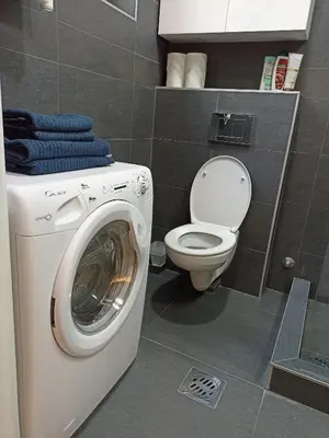 a bathroom with a washing machine and a toilet at 3 Steps from Center in Belgrade