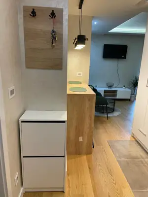 a kitchen with a counter and a living room at Apartments Jedro in Belgrade