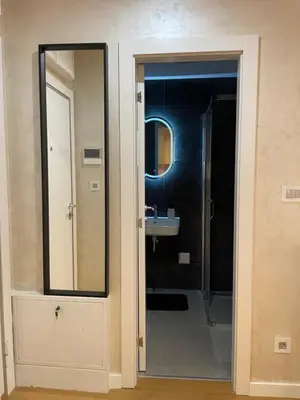 a bathroom with a shower and a sink and a mirror at Apartments Jedro in Belgrade
