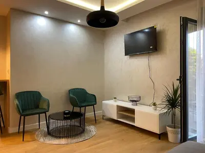 a room with two chairs and a tv on the wall at Apartments Jedro in Belgrade