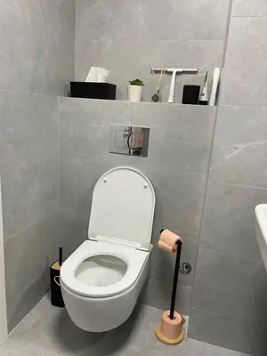 a bathroom with a white toilet and a sink at Apartments Jedro in Belgrade