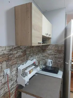 a kitchen with a mixer and a stone wall at apartman Milica in Ruma