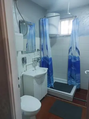 a bathroom with a toilet and a sink and a shower at apartman Milica in Ruma