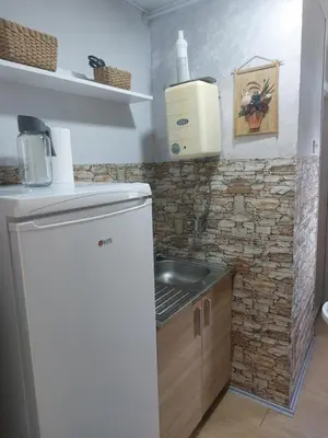 a small kitchen with a sink and a refrigerator at apartman Milica in Ruma