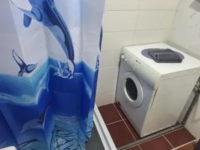 a washing machine in a bathroom with a shower curtain at apartman Milica in Ruma