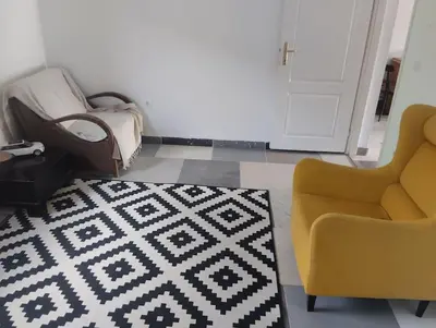 a living room with a couch and a chair and a rug at Villa Salter in Belgrade