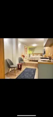 a kitchen with a sink and a bed in a room at Lovely one bedroom apartment in Belgrade