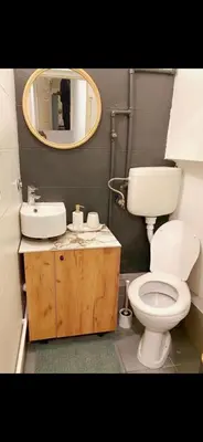 a bathroom with a toilet and a sink and a mirror at Lovely one bedroom apartment in Belgrade