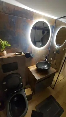 a bathroom with a black toilet and a mirror at Narnia in Belgrade