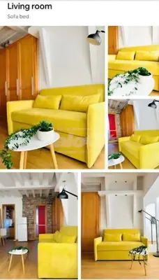 a collage of photos of a living room with yellow furniture at Belgrade Central 532- Obilicev Venac in Belgrade