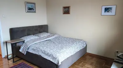 a bedroom with a bed with a gray headboard at Genex Gate in Belgrade