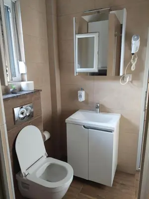 a bathroom with a toilet and a sink and a mirror at Sweet memories 2 in Žarkovo