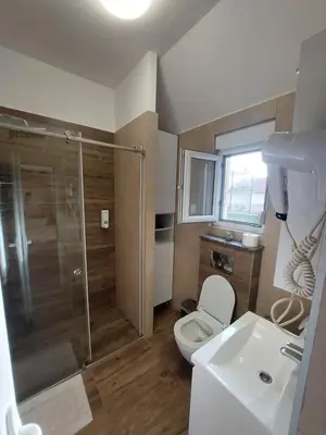 a bathroom with a shower and a toilet and a sink at Sweet memories 2 in Žarkovo
