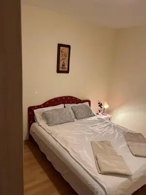 a bed with a red headboard in a bedroom at Peaceful Apartment Simovic in Belgrade