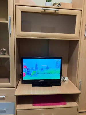 a tv sitting in a closet with a cabinet at Peaceful Apartment Simovic in Belgrade