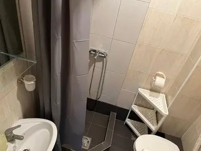 a bathroom with a shower and a toilet and a sink at Peaceful Apartment Simovic in Belgrade