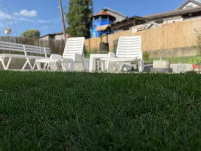 a group of lawn chairs sitting in the grass at Čajića avlija in Obrenovac